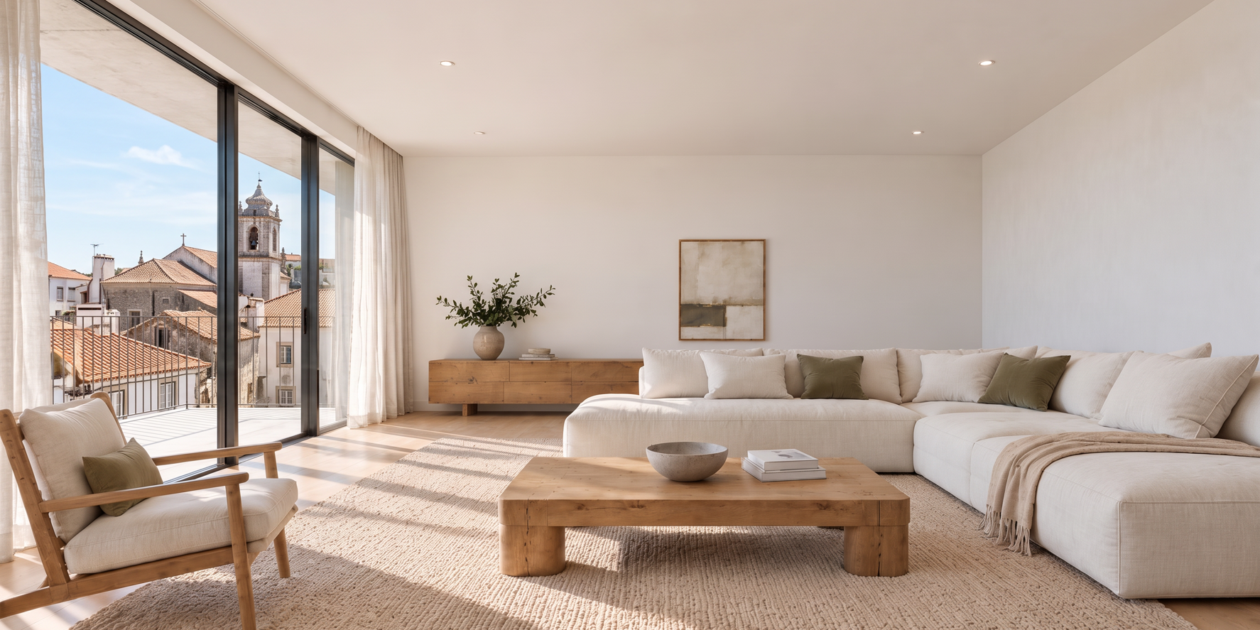Sala luminosa com sofá creme, mesa de madeira e varanda com vista