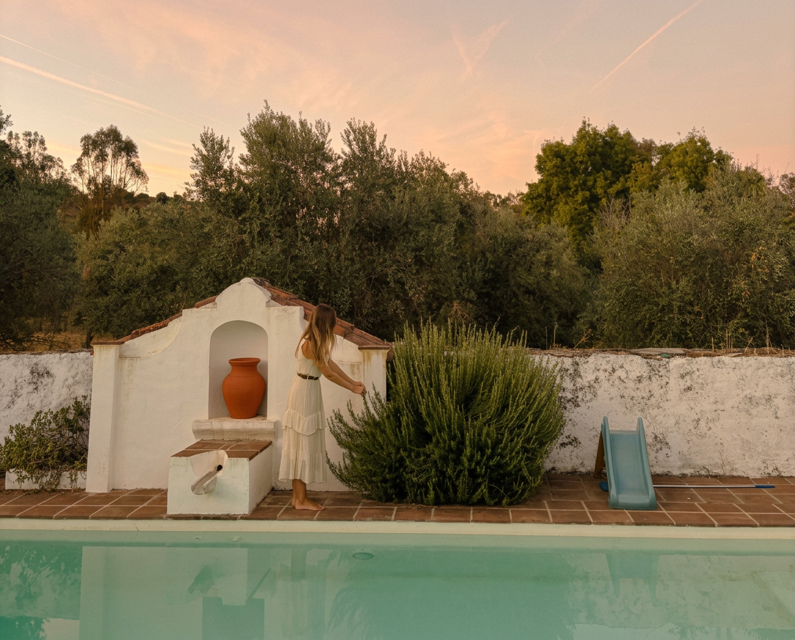 Jardim com piscina ao pôr do sol, fonte branca e jarro de barro